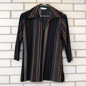 Vintage 70s Tunic Top 35" Bust Black Stripes Butterfly Collar Miss Fashionality